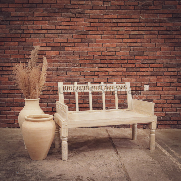 Motif whitewash carved bench | Lucky Furniture & Handicrafts.