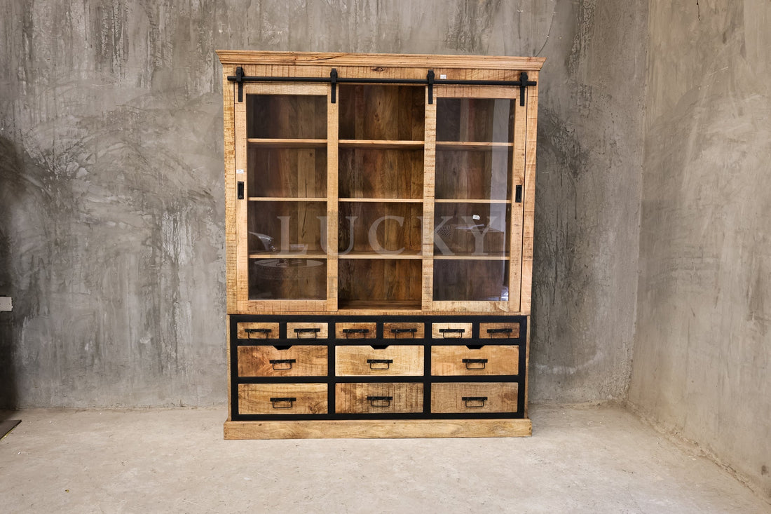 Industrial Mango Wood Cabinet UAE | Sliding Door Display Storage Unit