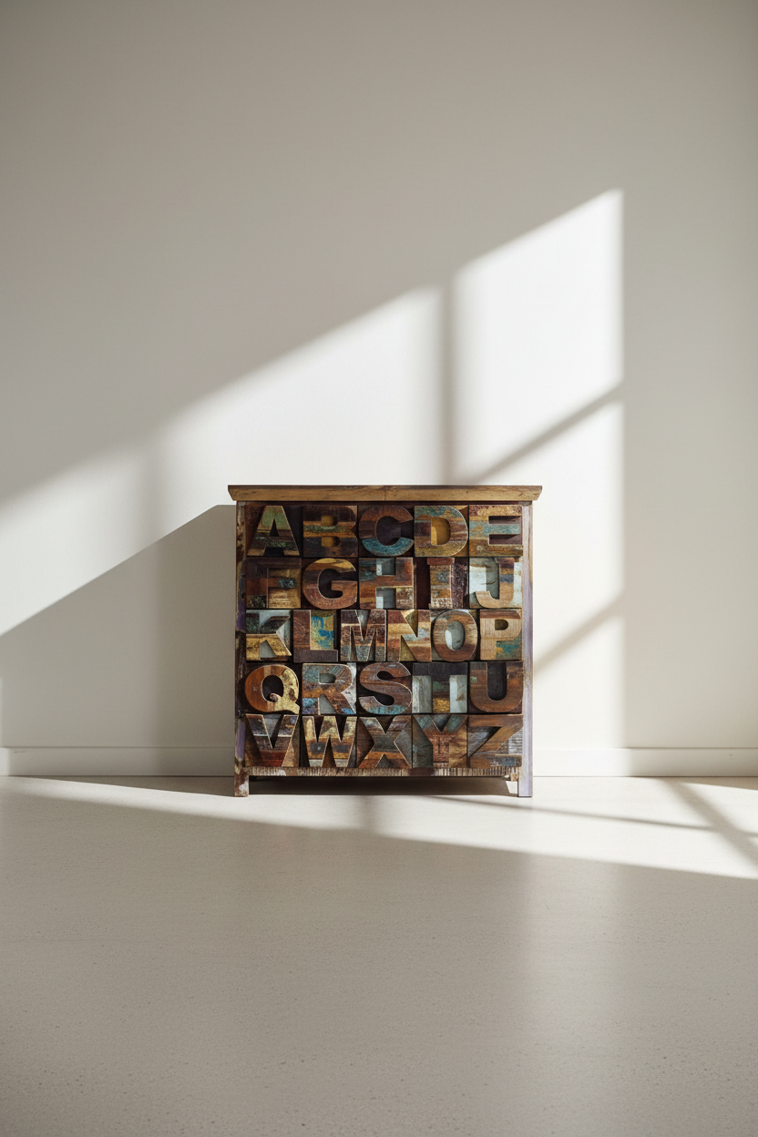 A small wooden cabinet or chest covered in raised alphabet blocks, photographed in a minimalist room with sunlight casting strong shadows on a white wall and floor.