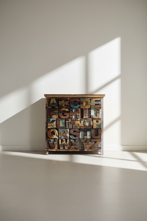 A small wooden cabinet or chest covered in raised alphabet blocks, photographed in a minimalist room with sunlight casting strong shadows on a white wall and floor.