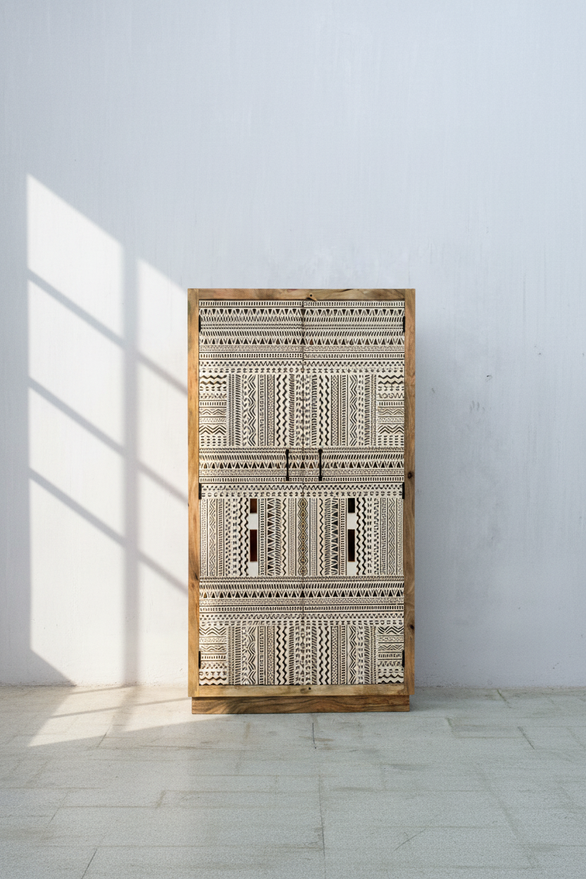 Tribal Carved white inlay cabinet