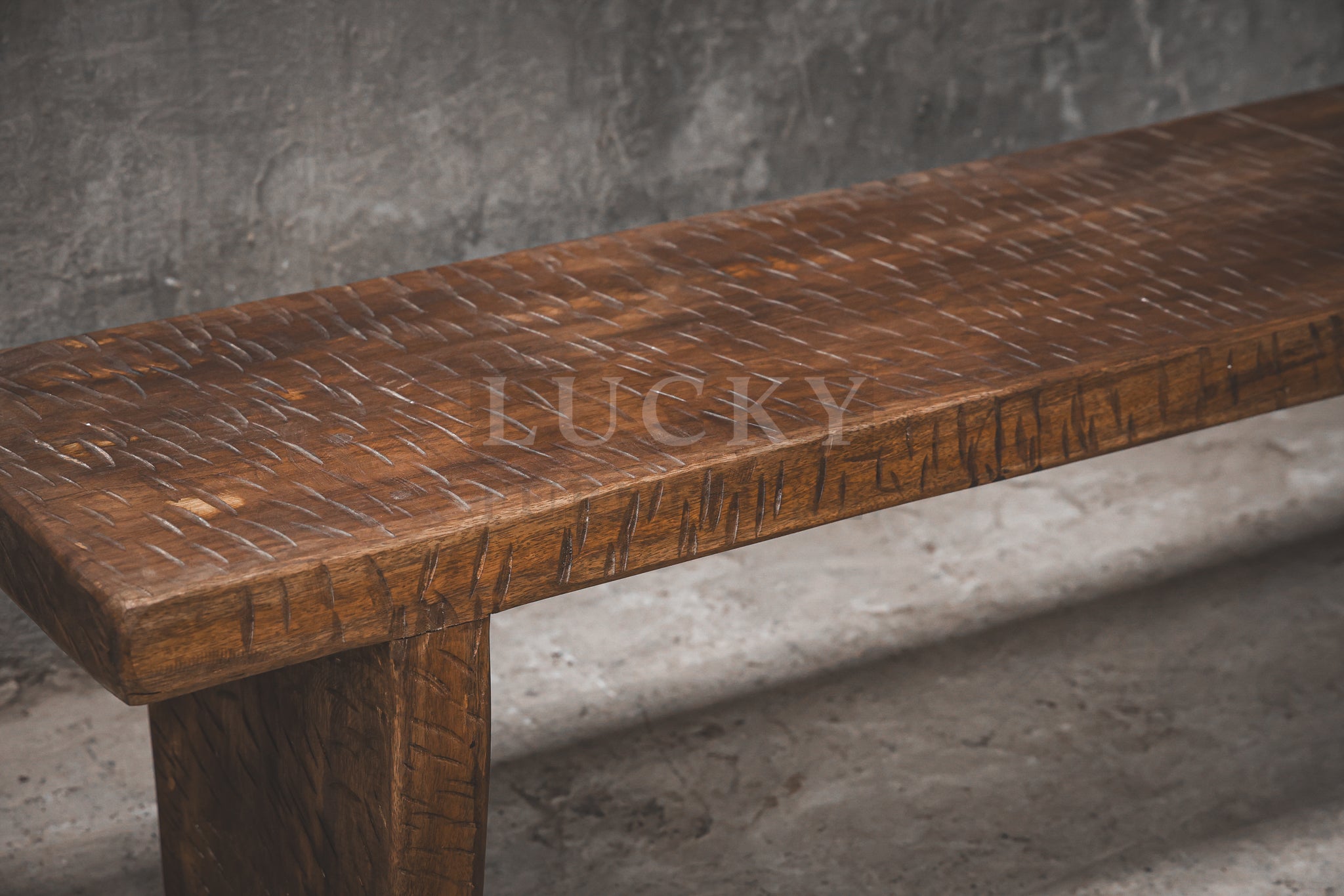 Mango wood rough wooden bench.