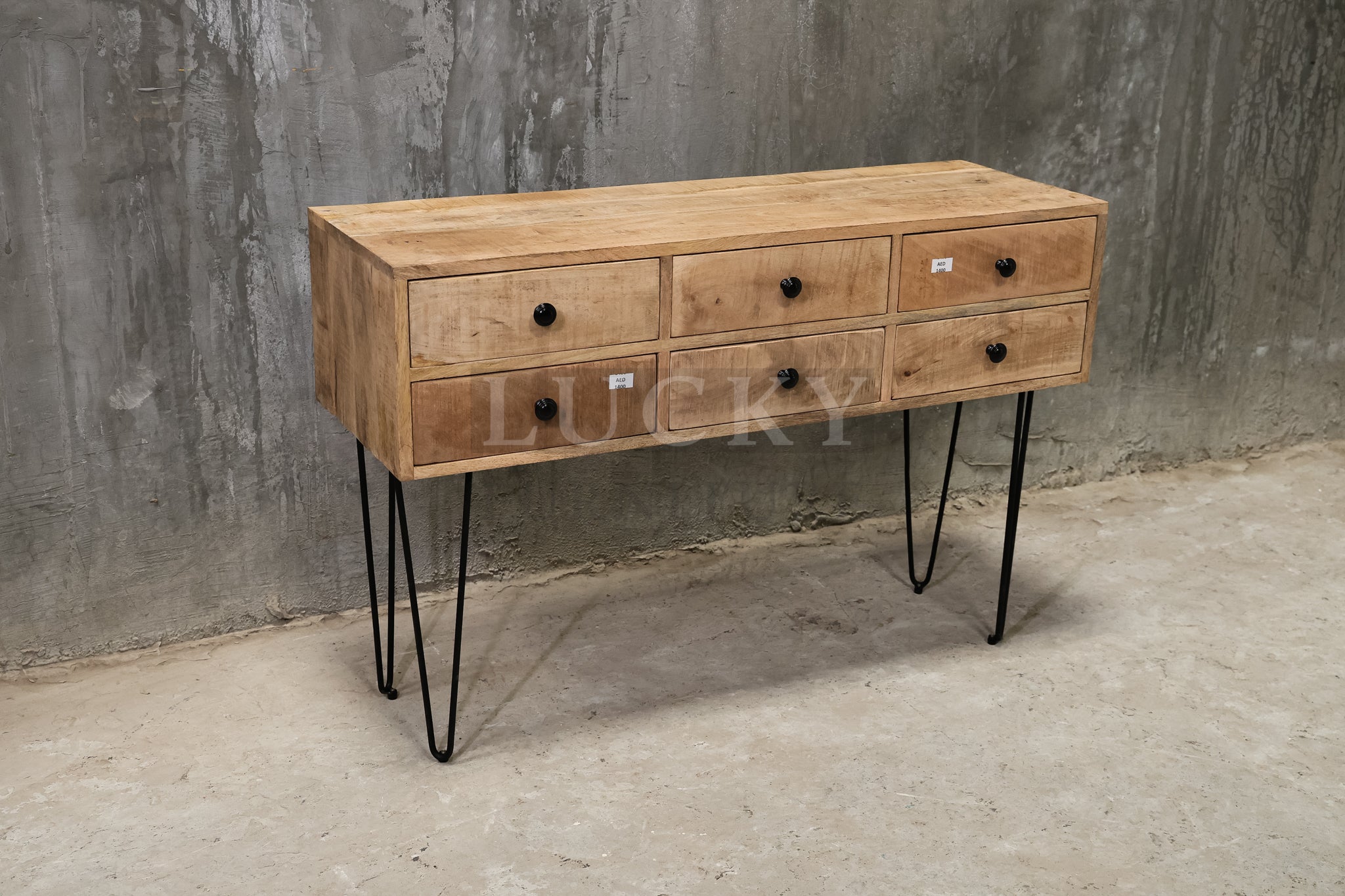 6 drawer hairpin console.