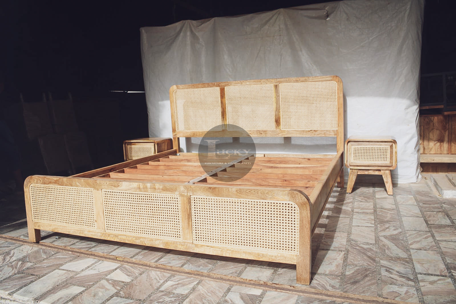 Rattan Webbing and Mango Wood Bed (3 Section).