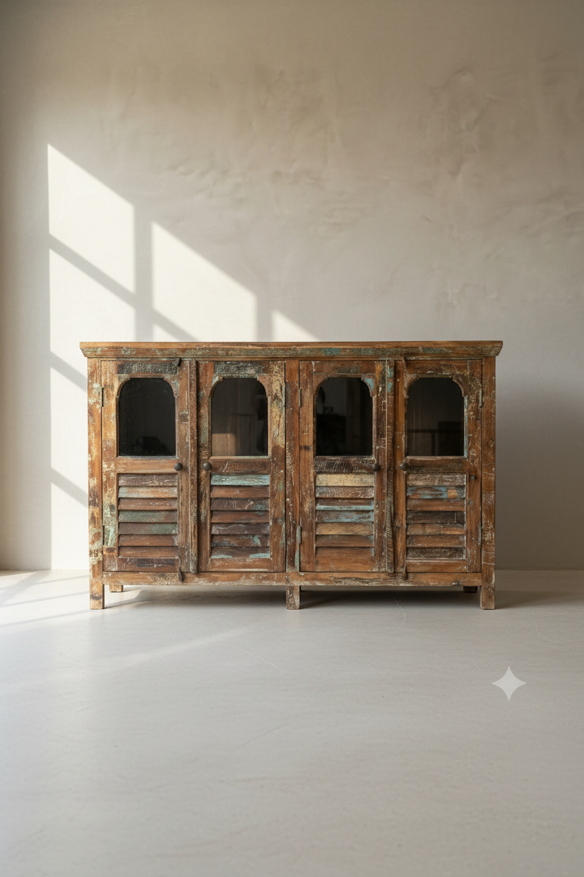 A rustic wooden sideboard cabinet with four arched door compartments, shown in a minimalist room with warm sunlight casting window-frame shadows on a textured beige wall and light floor.