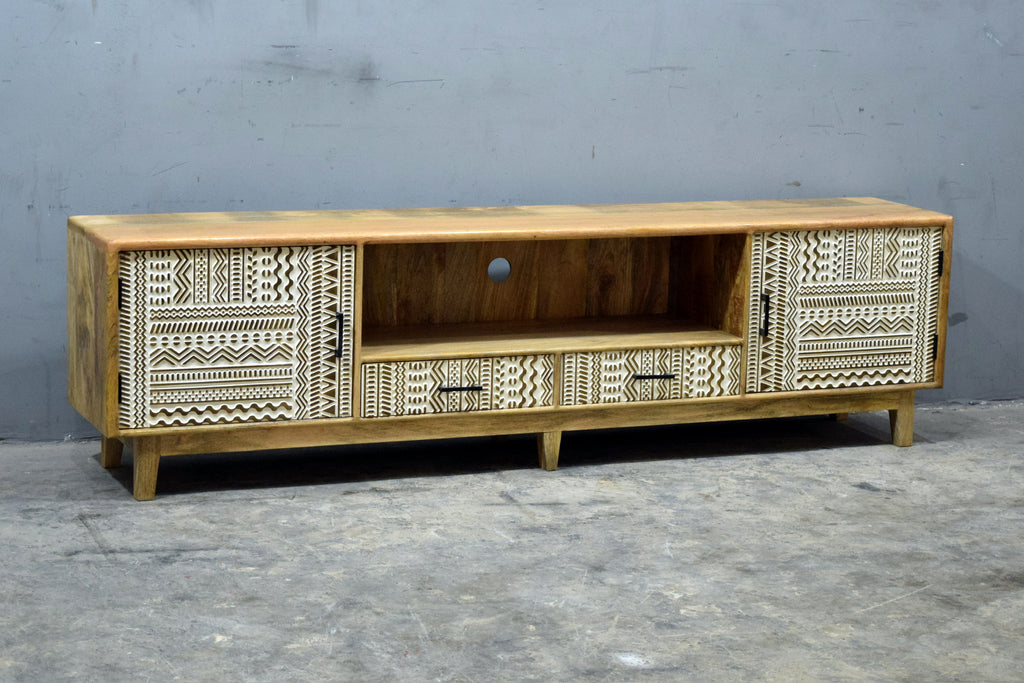 Tribal carved white inlay tv stand