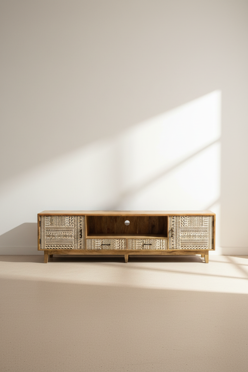 Tribal carved white inlay tv stand