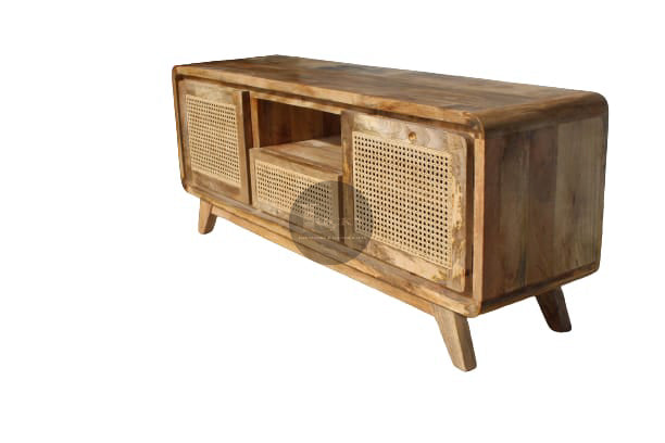 Rattan and Mango Wood Tv stand 2 door 1 draw.