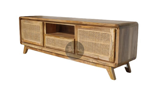 Rattan and Mango Wood Tv stand 2 door 1 draw.