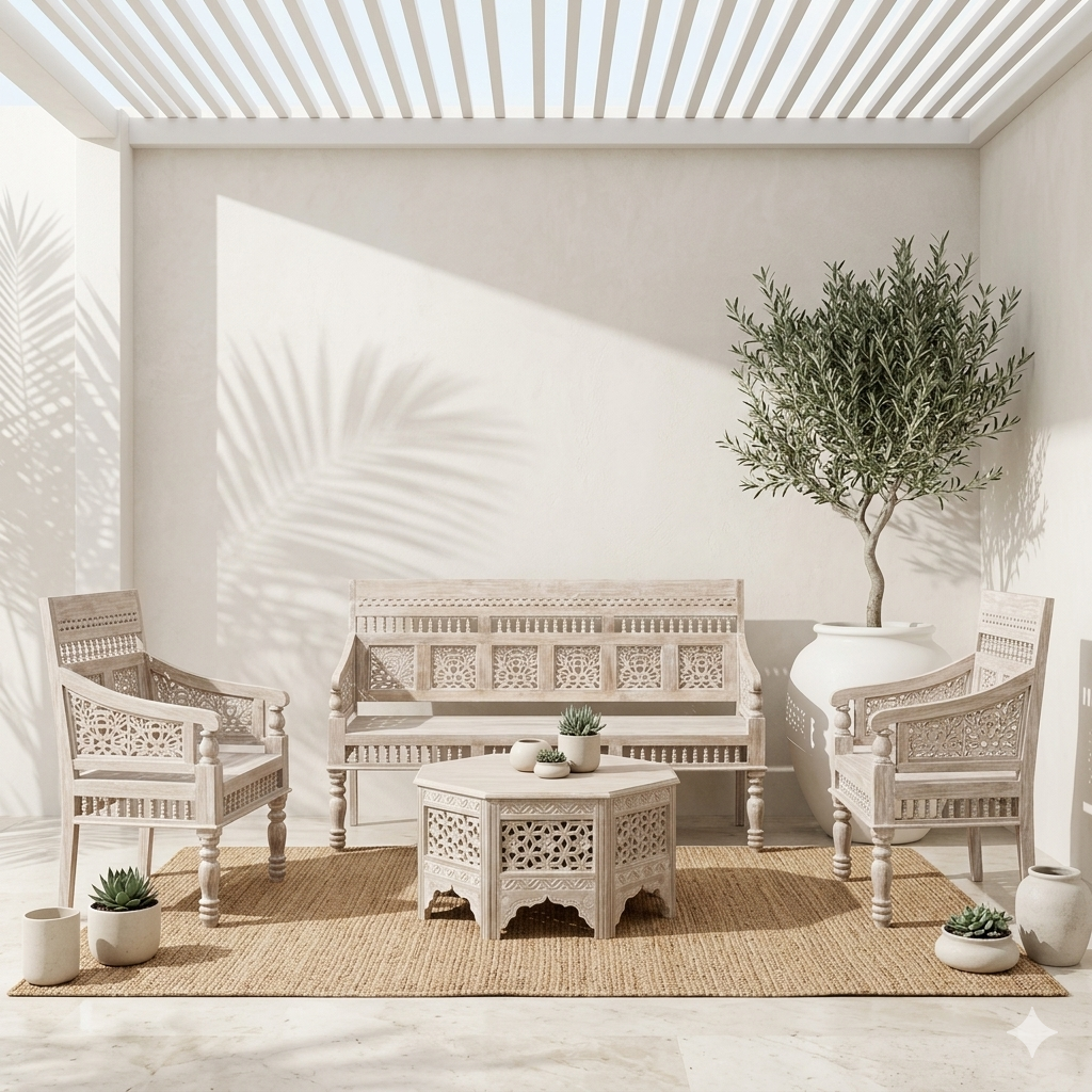 Lattice carved bench set