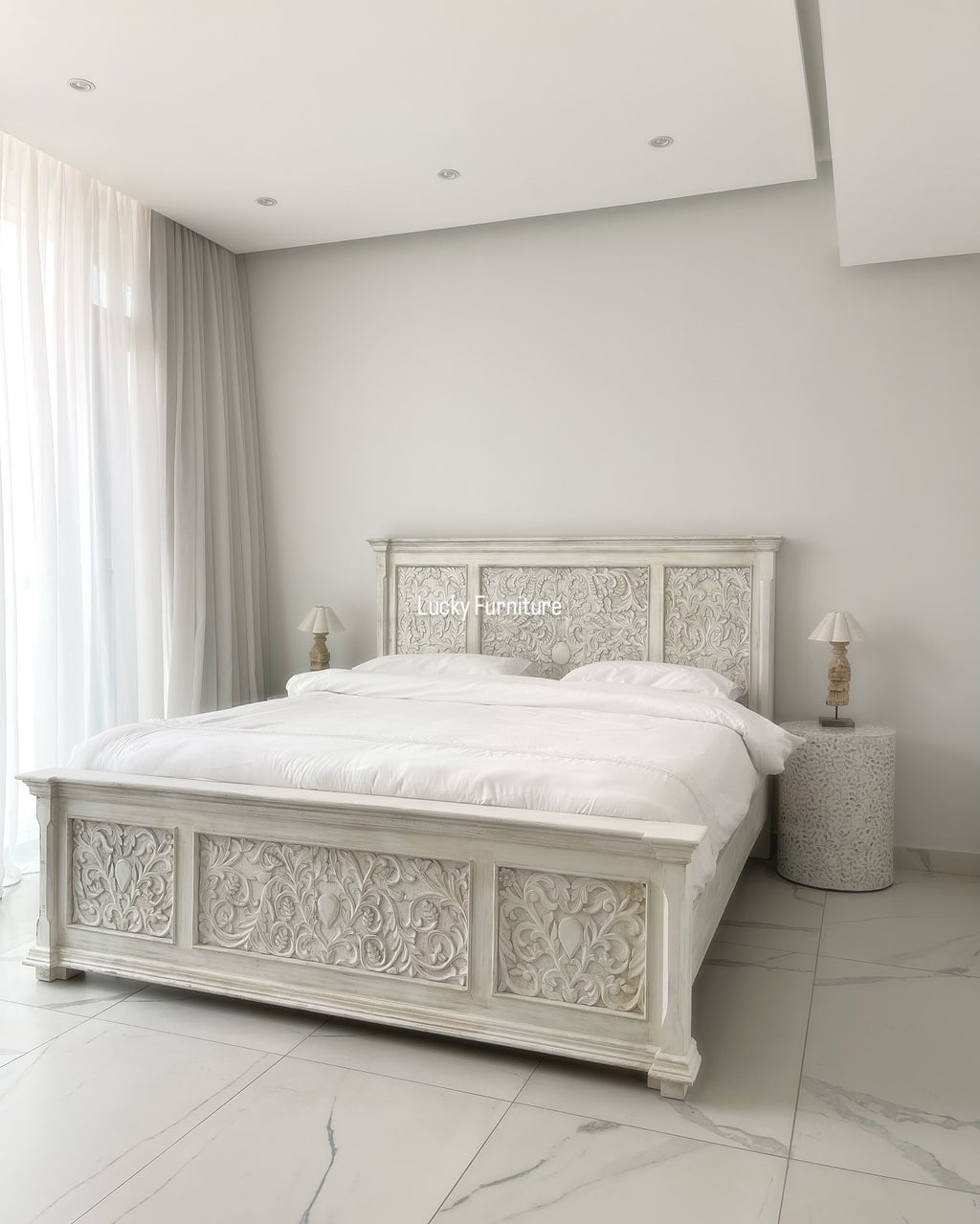 Carved bed white wash