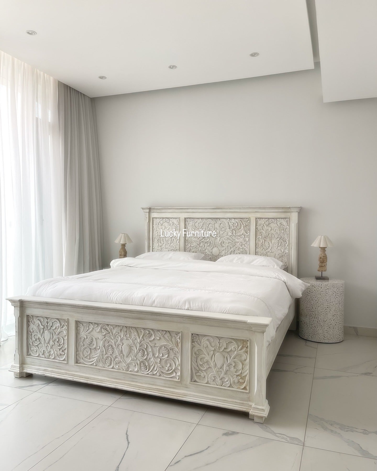 Carved bed white wash