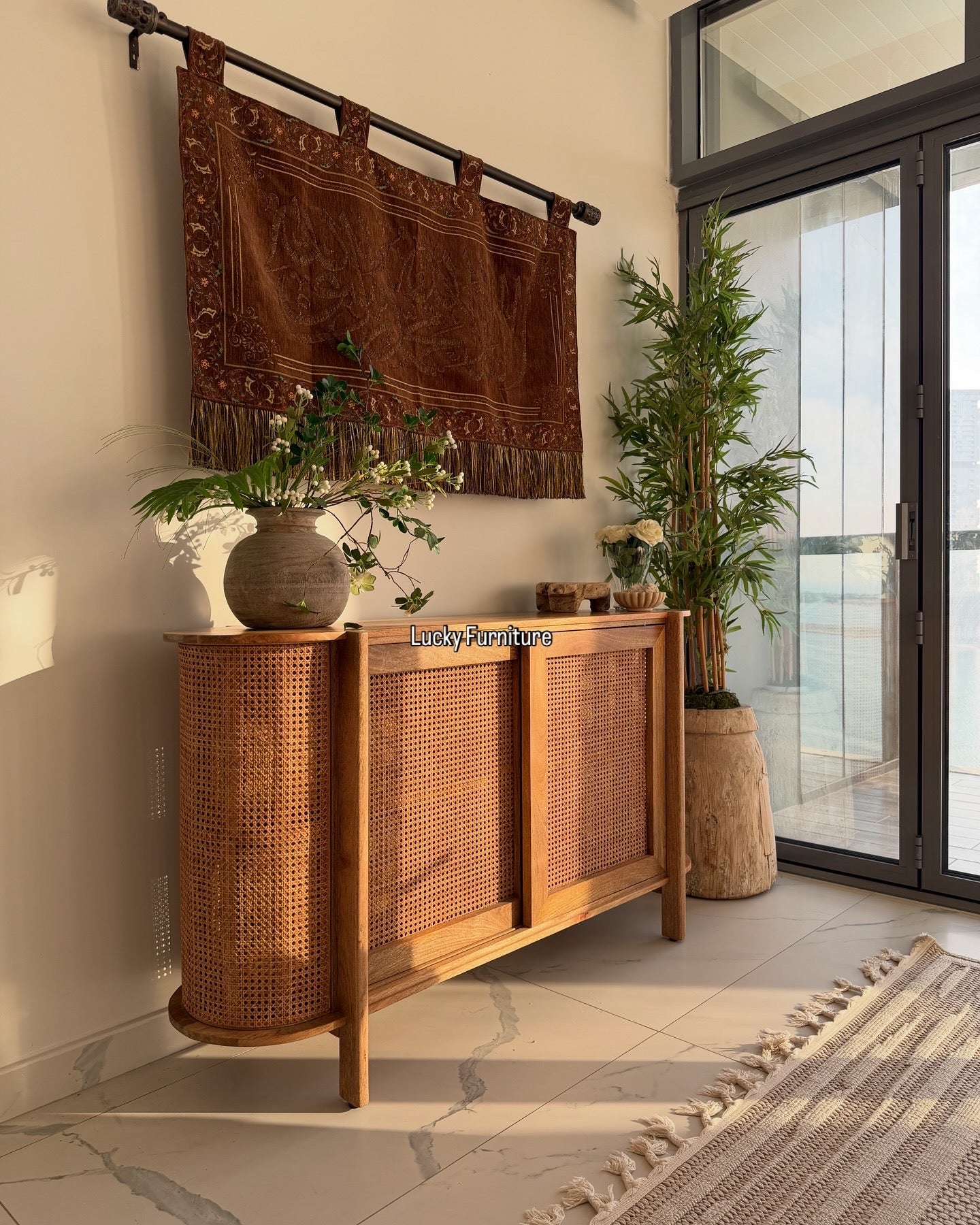 Rattan round edge sideboard