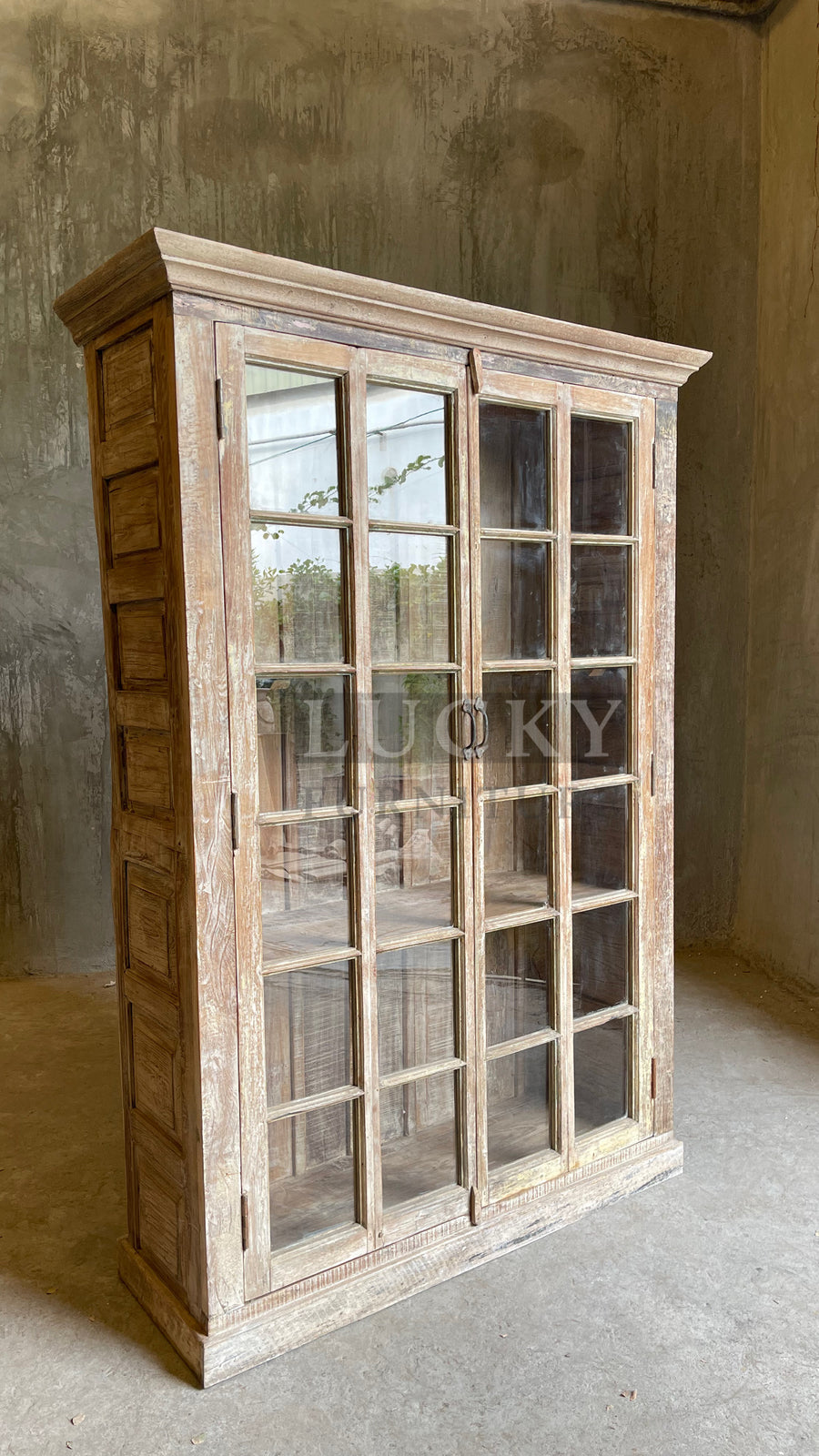 Teak wood paneled glass cabinet