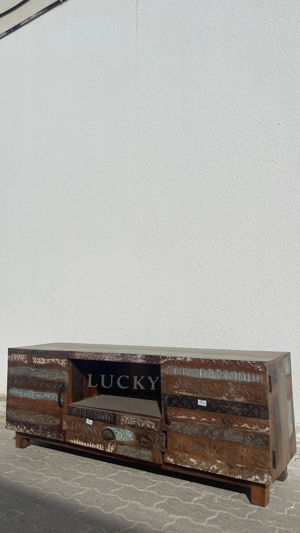 Reclaimed wood carved tv stand