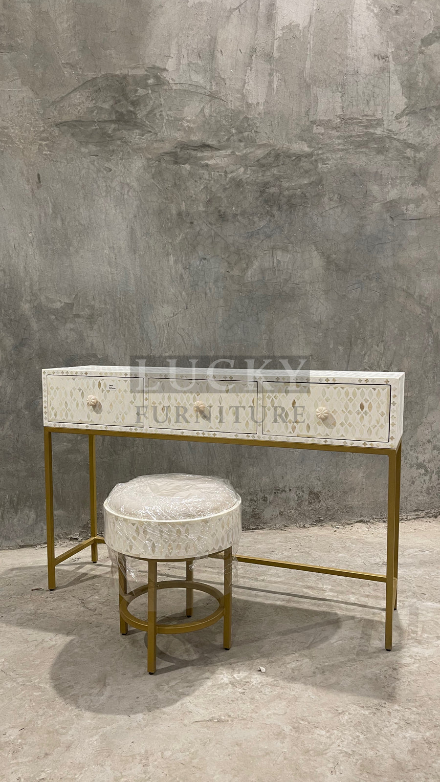 Bone inlay console with stool