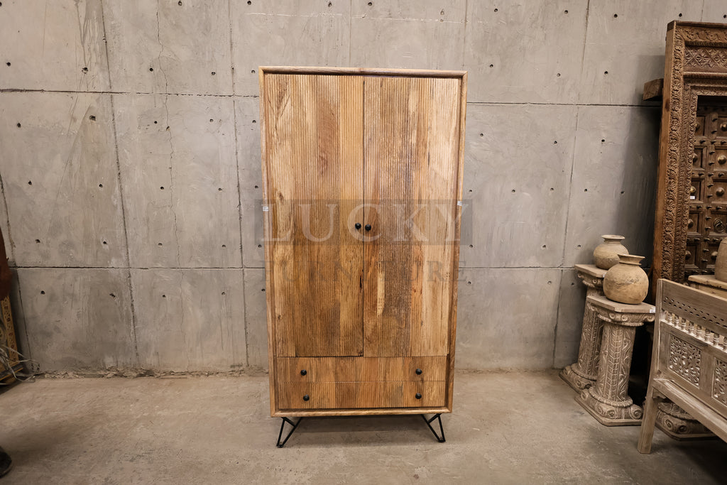 Fluted design and mango wood cabinet with 2 drawer