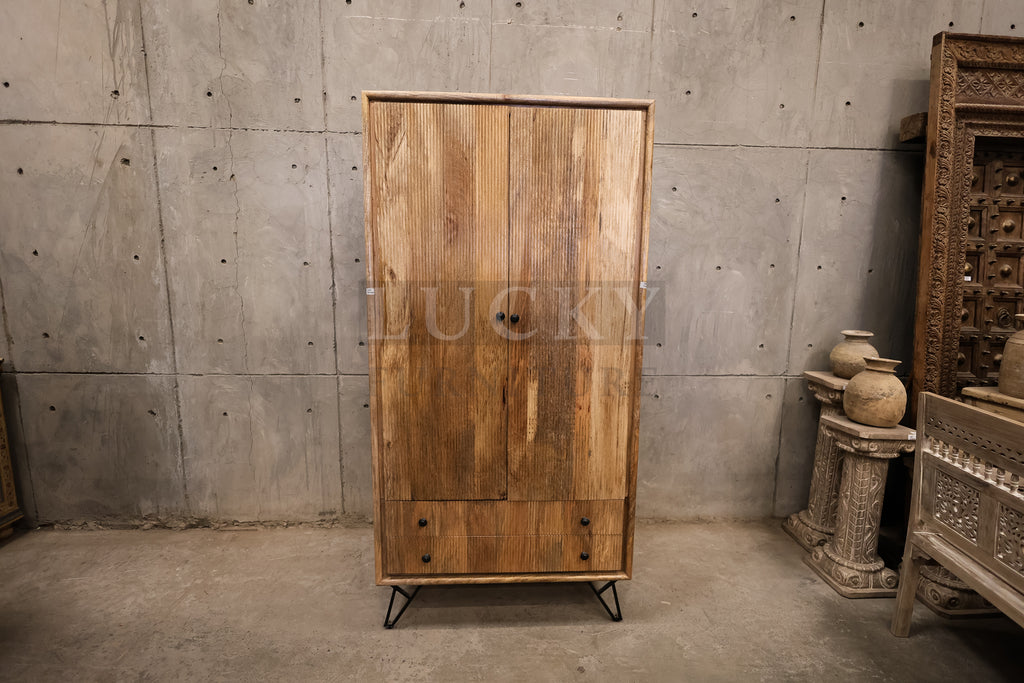 Fluted design and mango wood cabinet with 2 drawer