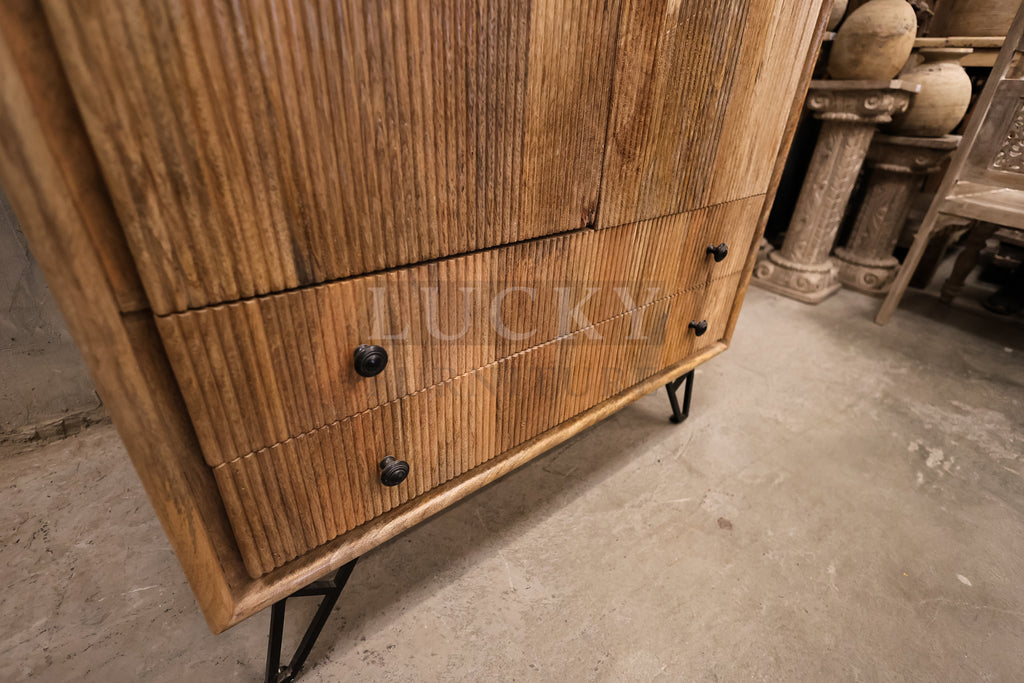 Fluted design and mango wood cabinet with 2 drawer