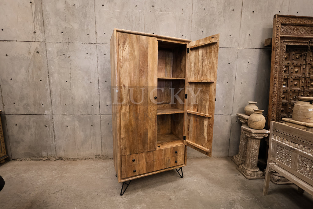 Fluted design and mango wood cabinet with 2 drawer