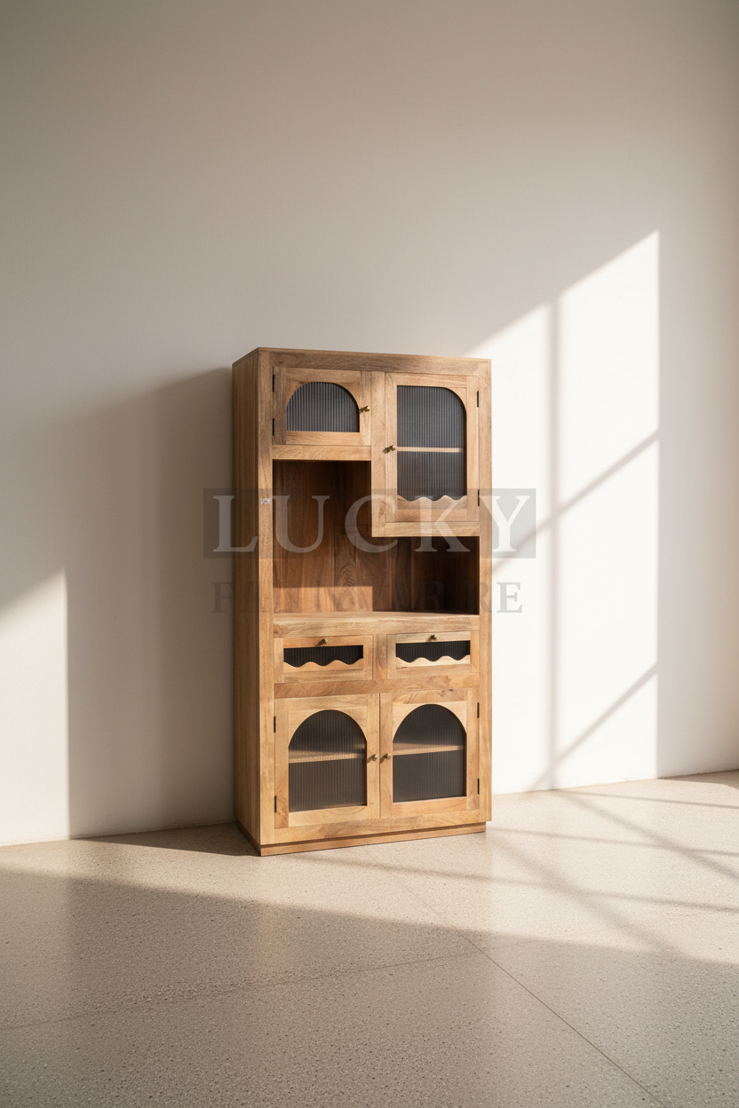 Mango wood organic glass cabinet