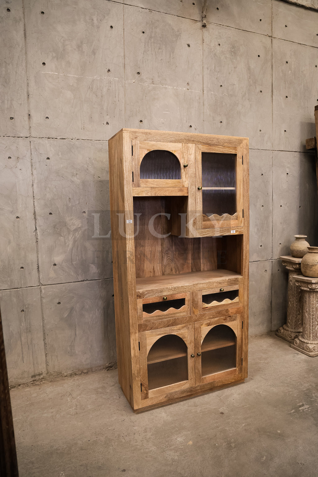 Mango wood organic glass cabinet