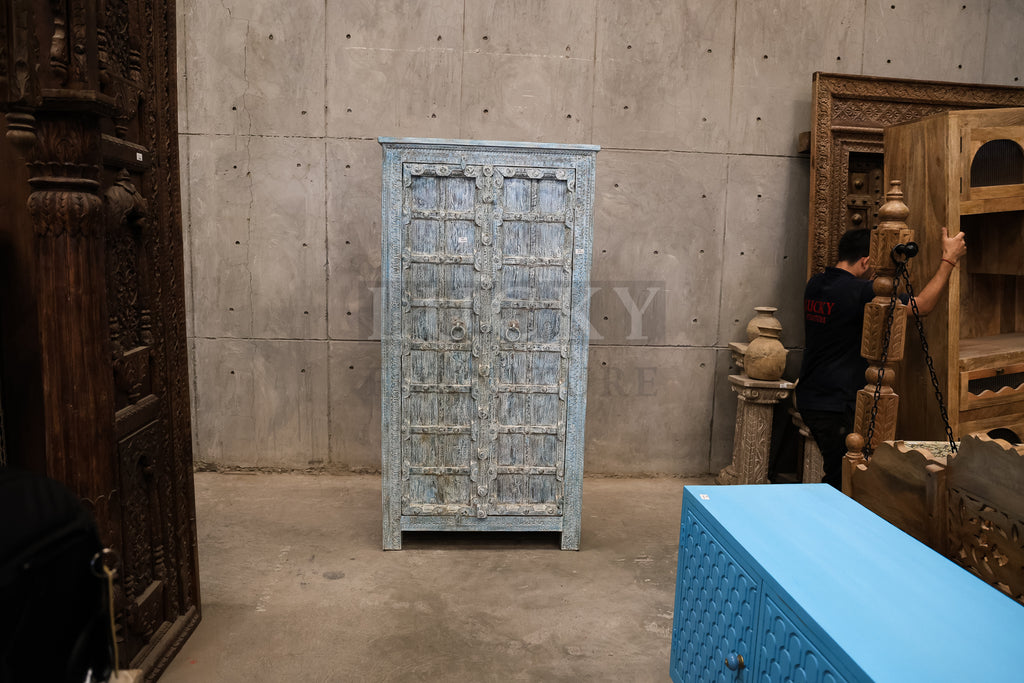Blue Carved Vintage Door Cabinet