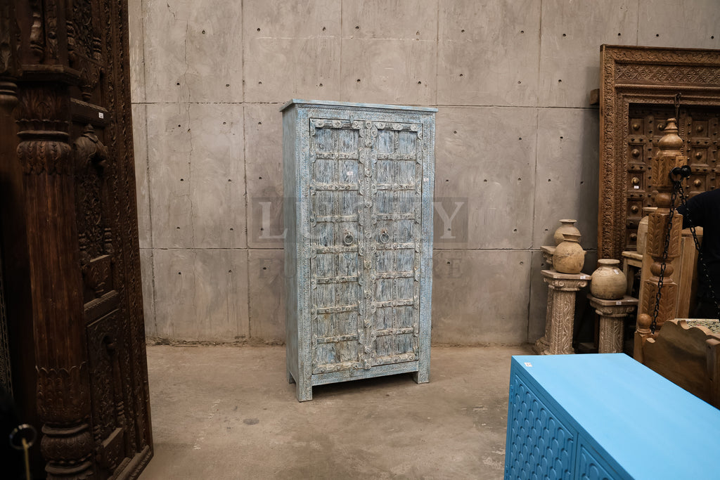 Blue Carved Vintage Door Cabinet