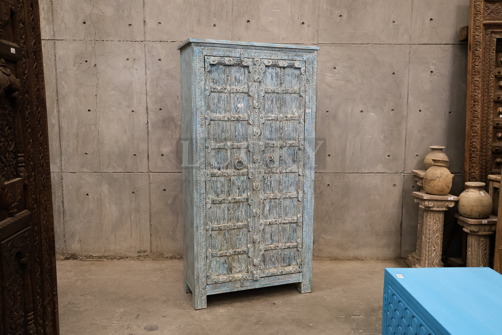 Blue Carved Vintage Door Cabinet