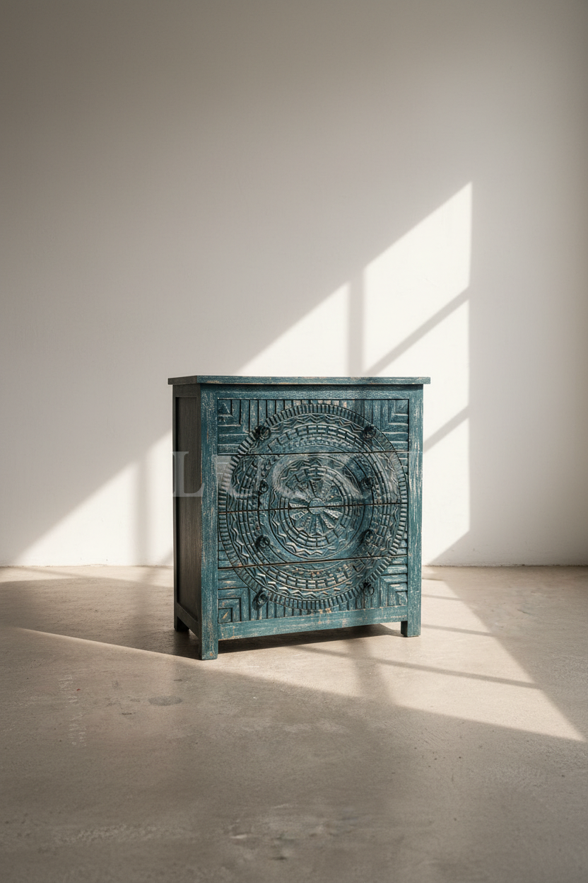3 draw carved chest of drawers