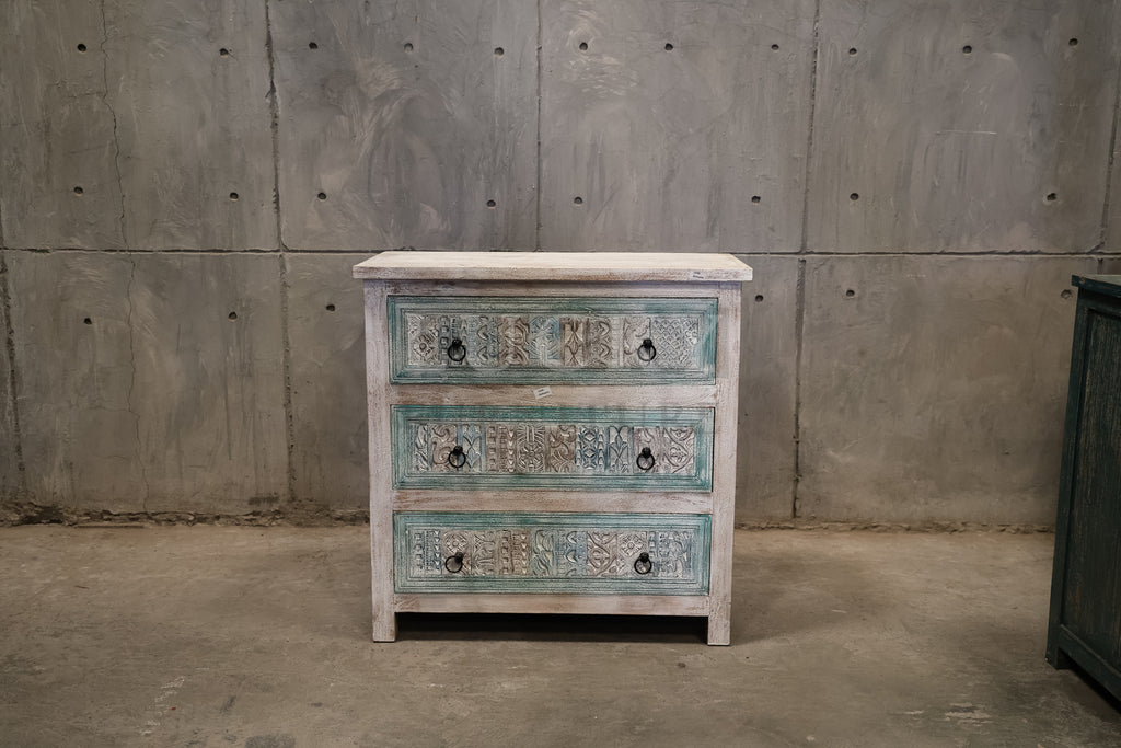 Carved 3 draw chest of drawers