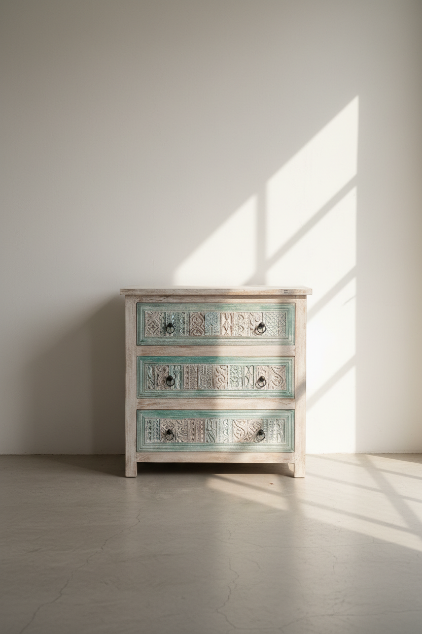 Carved 3 draw chest of drawers