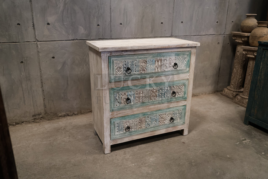 Carved 3 draw chest of drawers