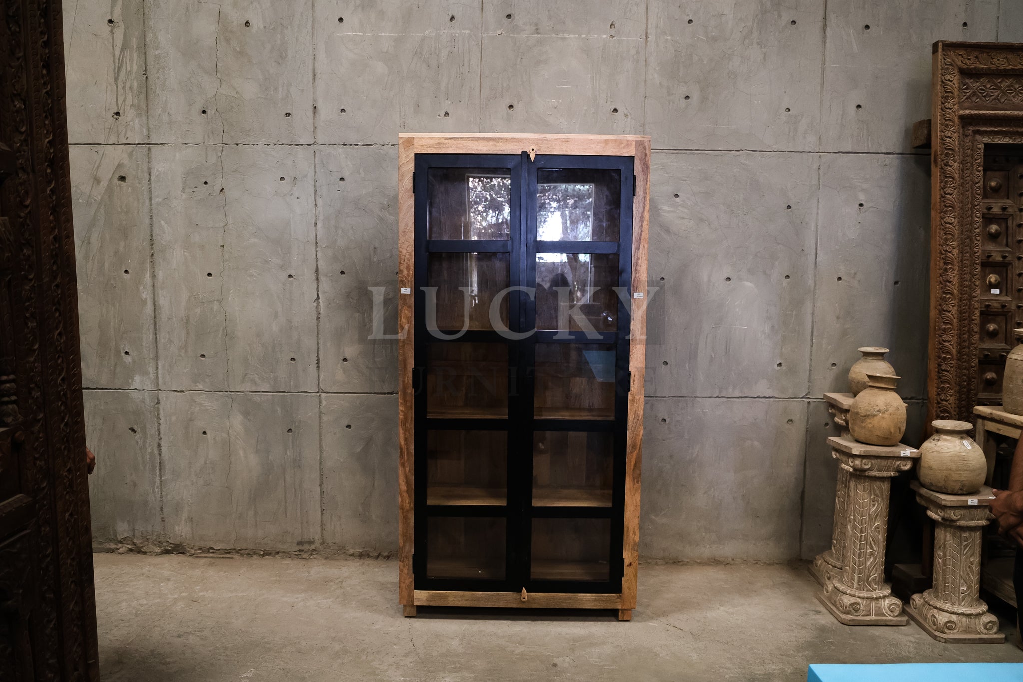Metal and Mangowood glass cabinet