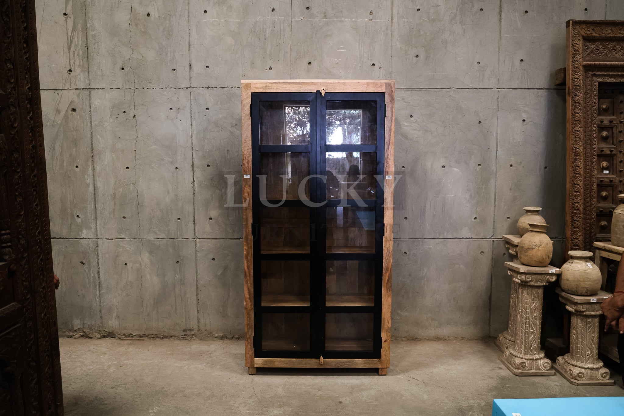 Metal and Mangowood glass cabinet