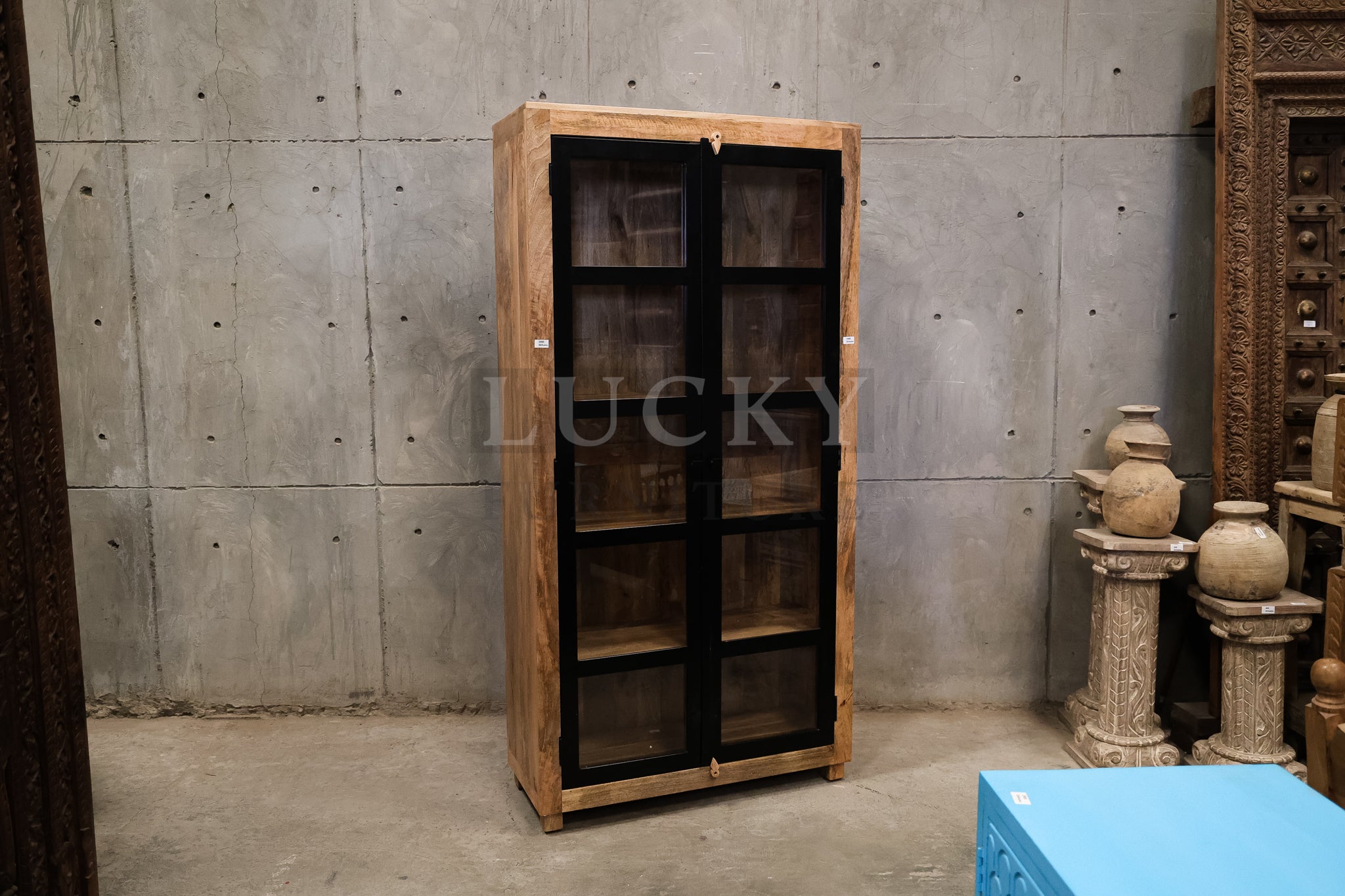 Metal and Mangowood glass cabinet