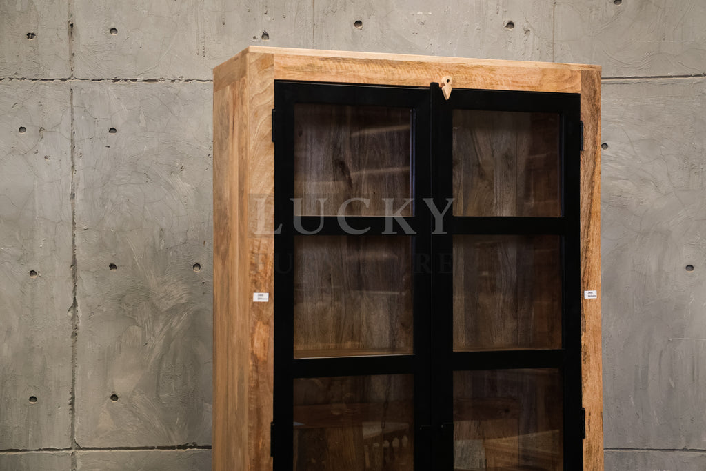 Metal and Mangowood glass cabinet