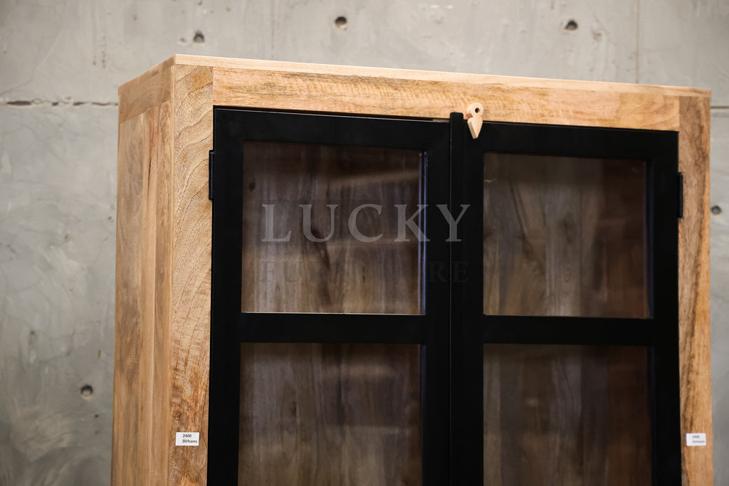 Metal and Mangowood glass cabinet