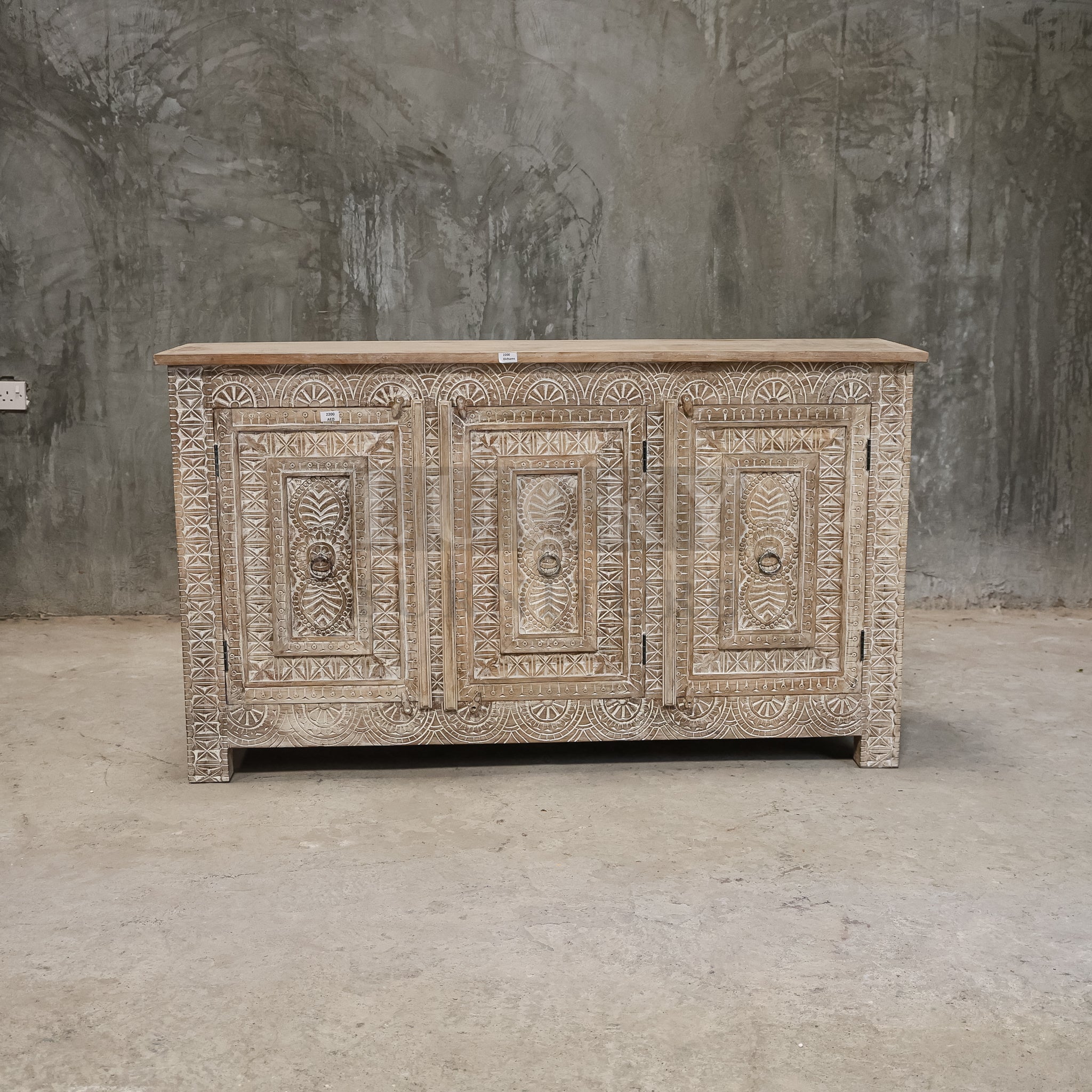 Carved White washed sideboard