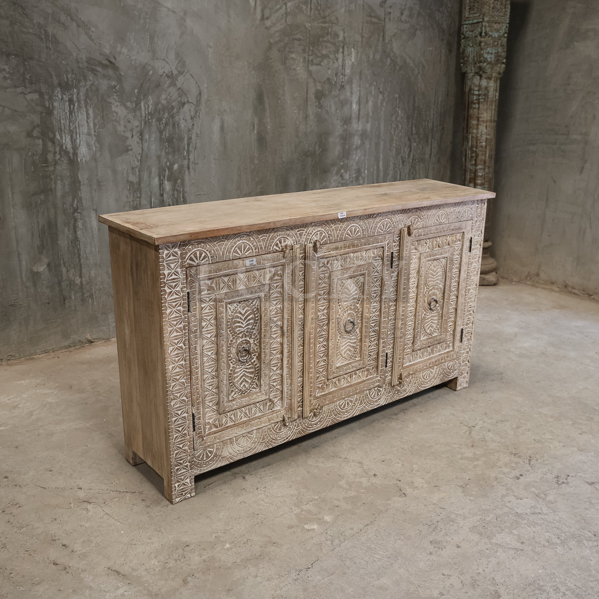 Carved White washed sideboard