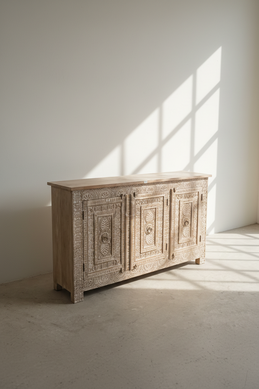 Carved White washed sideboard