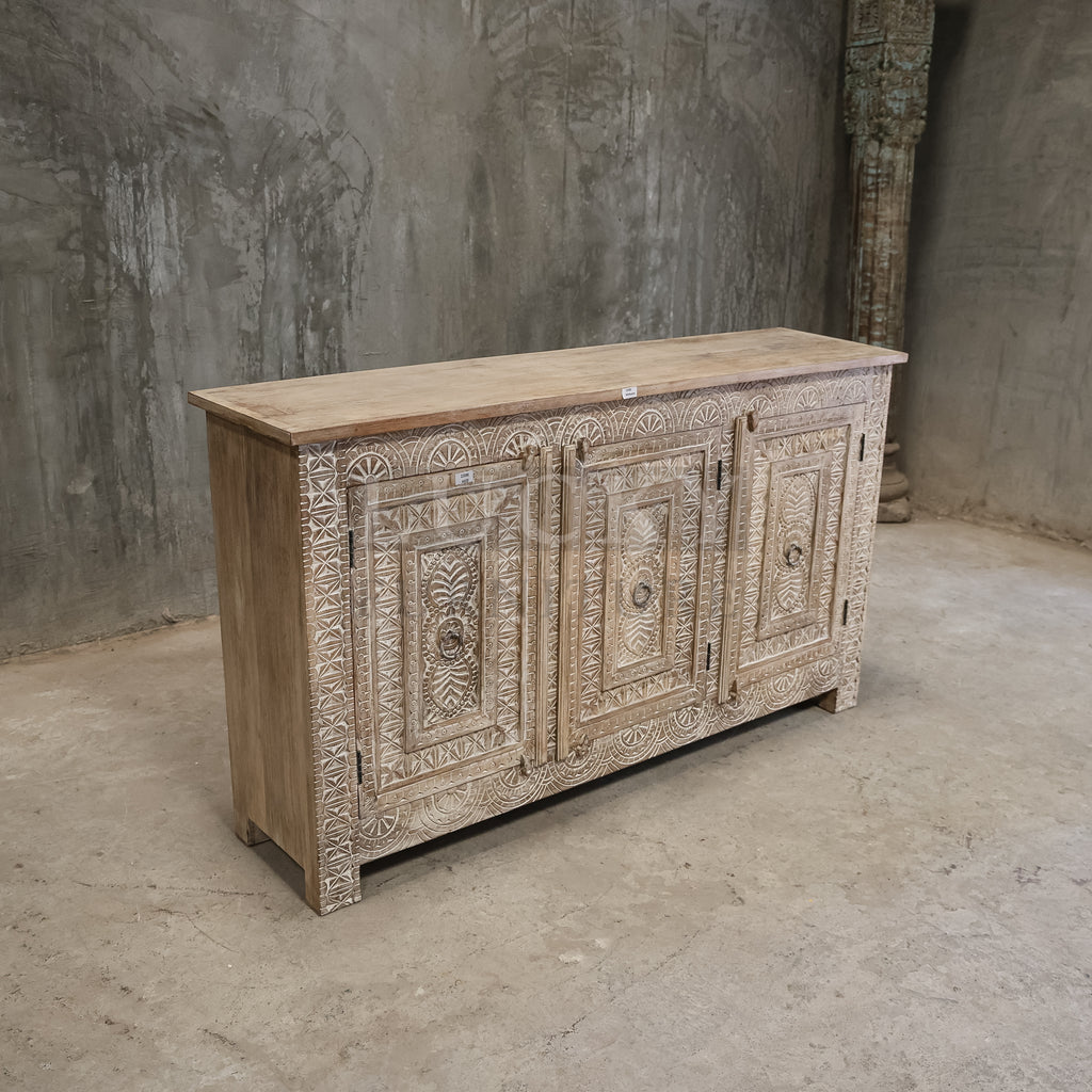 Carved White washed sideboard