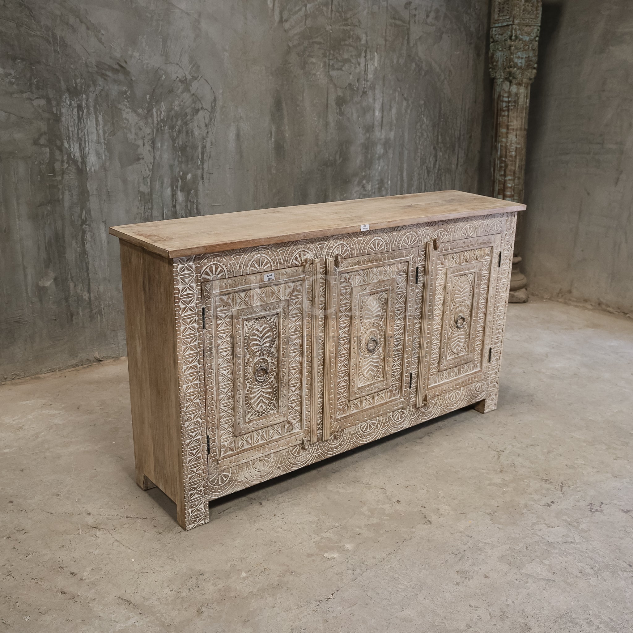 Carved White washed sideboard