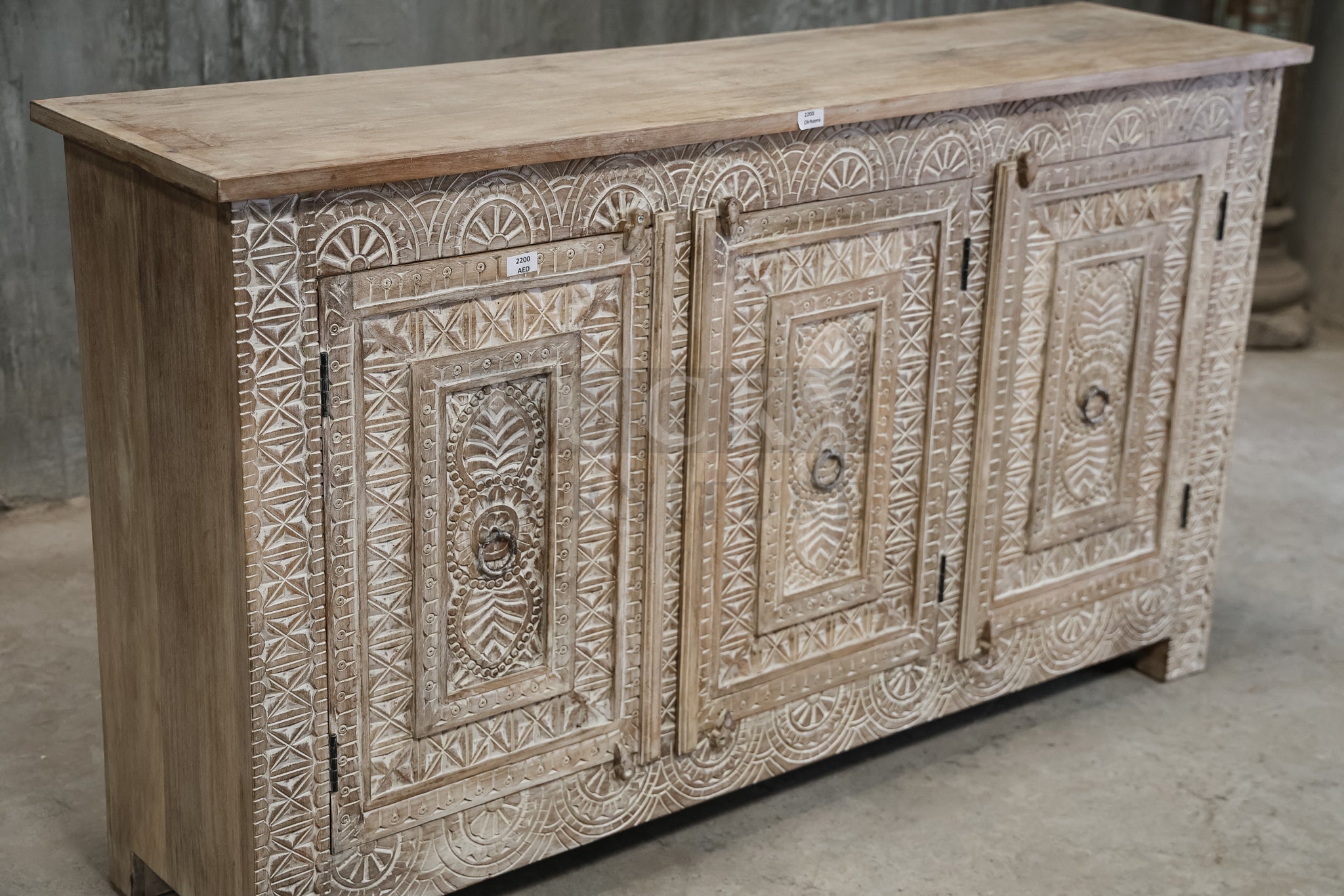 Carved White washed sideboard