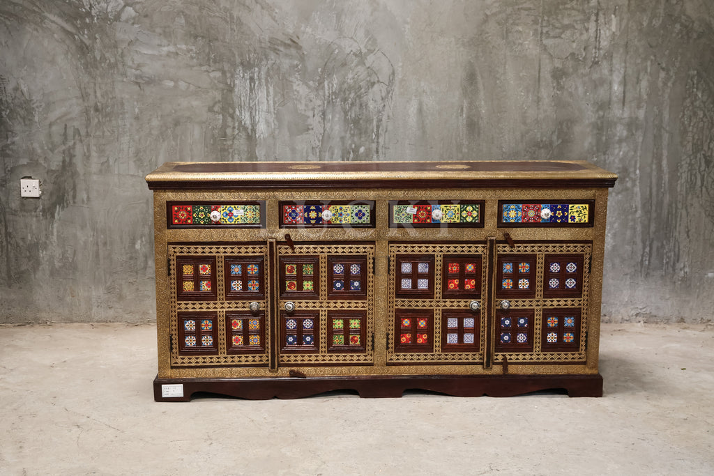 2" Tile 4 draw Sideboard Brass and Solidwood
