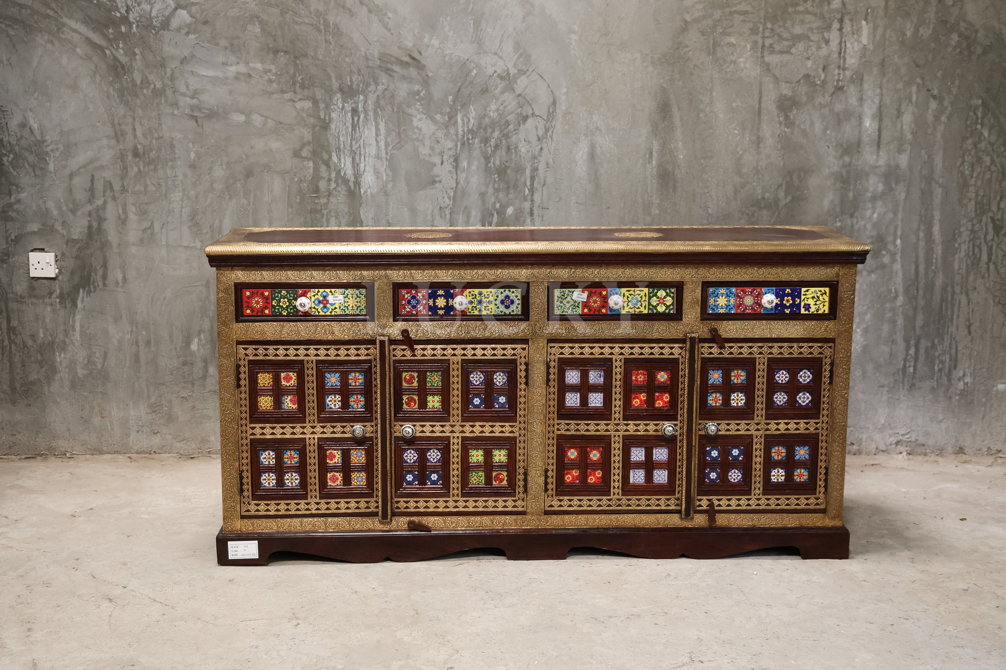 2" Tile 4 draw Sideboard Brass and Solidwood