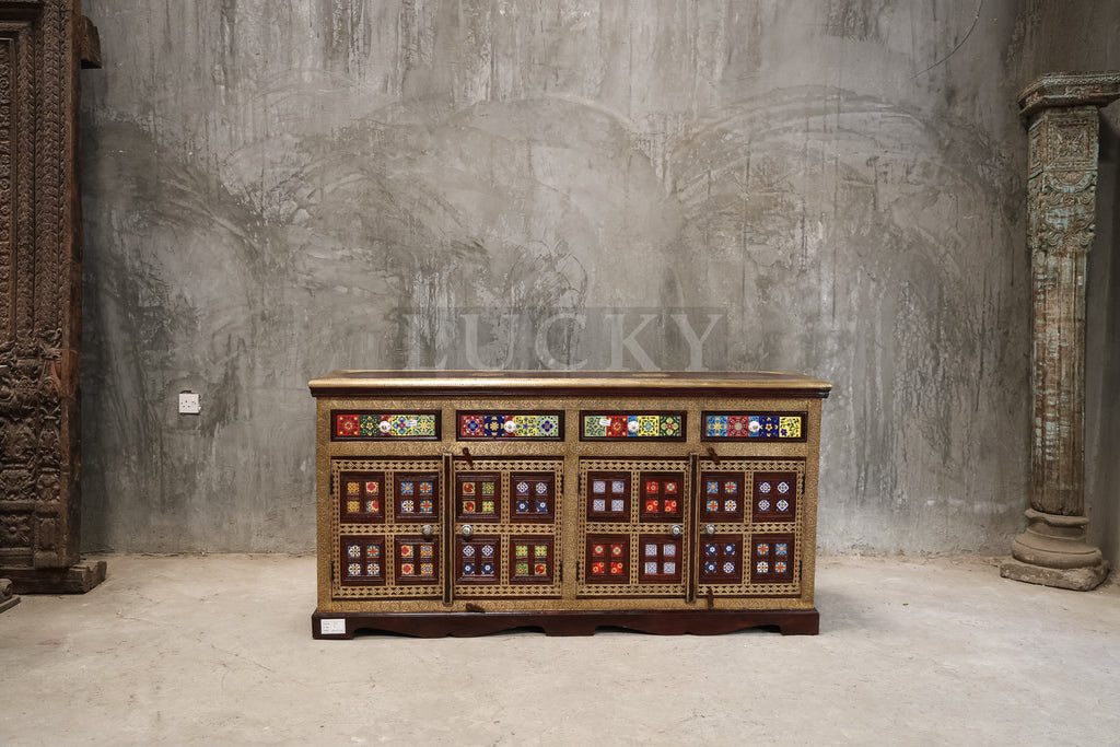 2" Tile 4 draw Sideboard Brass and Solidwood