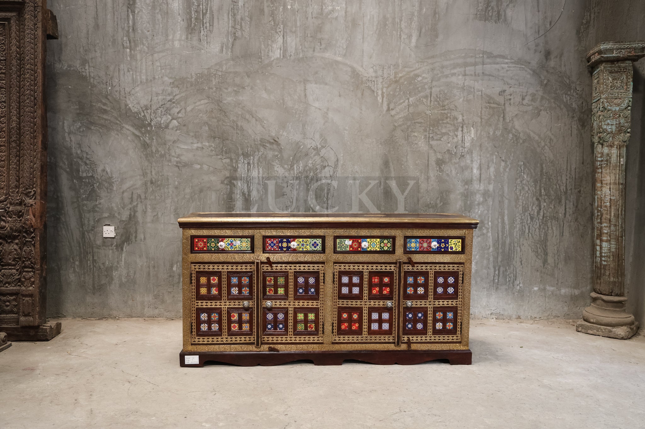 2" Tile 4 draw Sideboard Brass and Solidwood