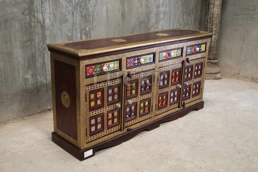 2" Tile 4 draw Sideboard Brass and Solidwood