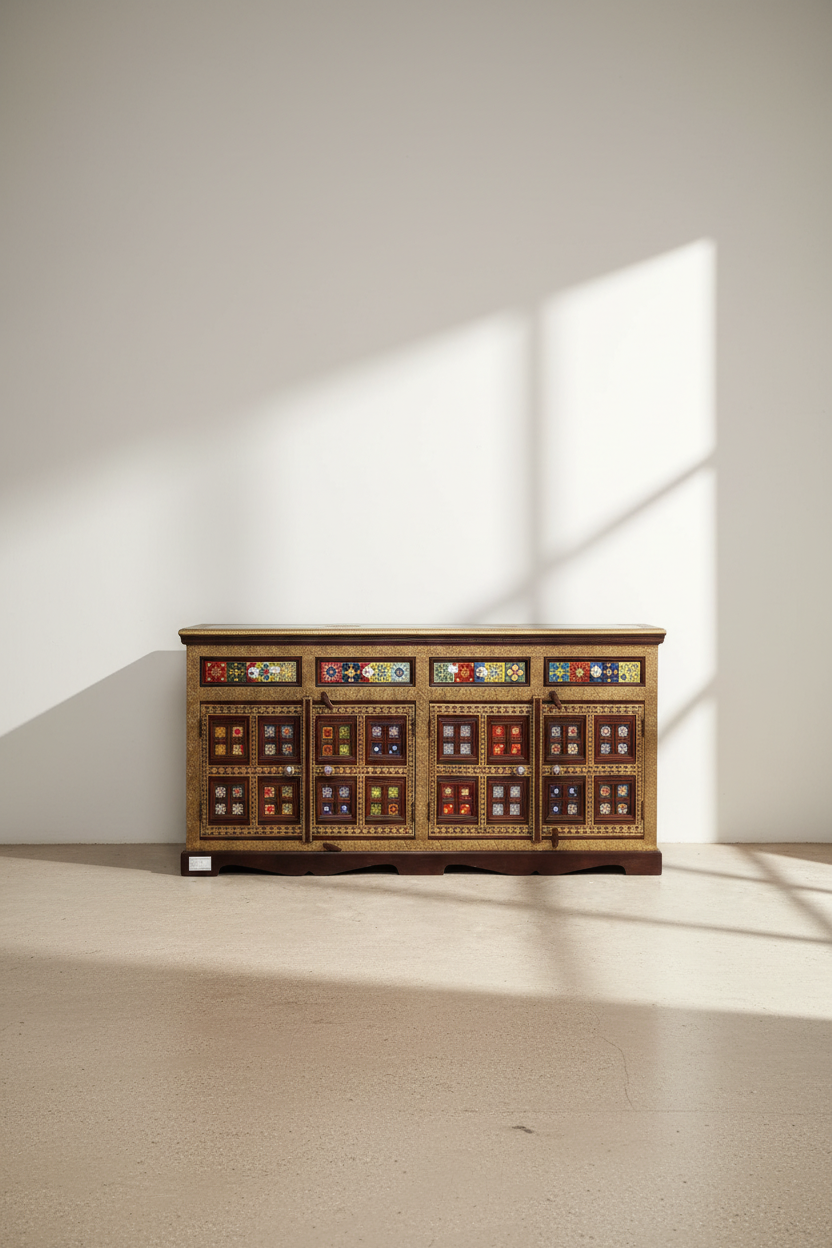 2" Tile 4 draw Sideboard Brass and Solidwood